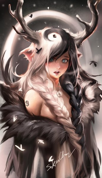 Anime picture 1800x3121 with original sakimichan single long hair tall image looking at viewer fringe highres open mouth blue eyes light erotic black hair signed animal ears white hair braid (braids) multicolored hair lips blurry hair over one eye