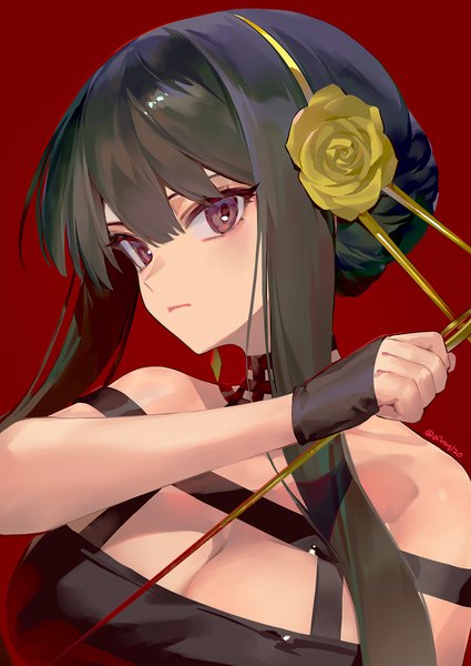 Anime picture 1200x1694 with spy x family yor briar ainy single long hair tall image looking at viewer fringe breasts black hair simple background hair between eyes large breasts purple eyes signed cleavage upper body twitter username red background girl
