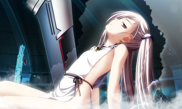 Anime picture 1024x614 with primitive link purple software long hair light erotic blonde hair red eyes wide image twintails game cg white hair profile flat chest girl