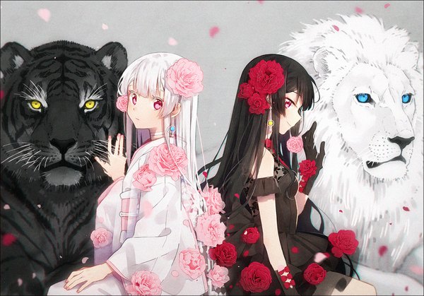 Anime picture 1400x978 with original hakusai (tiahszld) long hair looking at viewer blush fringe black hair simple background smile sitting multiple girls payot white hair nail polish traditional clothes japanese clothes profile pink eyes hair flower grey background