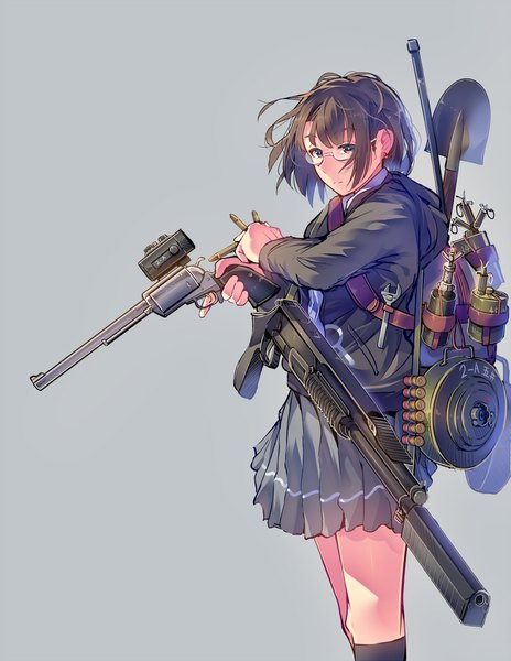 Anime picture 774x1000 with original daito (daito369) single tall image looking at viewer fringe short hair simple background brown hair standing pleated skirt grey background hieroglyph messy hair girl skirt weapon earrings socks glasses