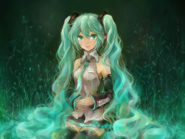 Anime picture 1200x900 with vocaloid hatsune miku kedama black single twintails bare shoulders very long hair nail polish aqua eyes aqua hair girl skirt plant (plants) detached sleeves necktie thigh boots