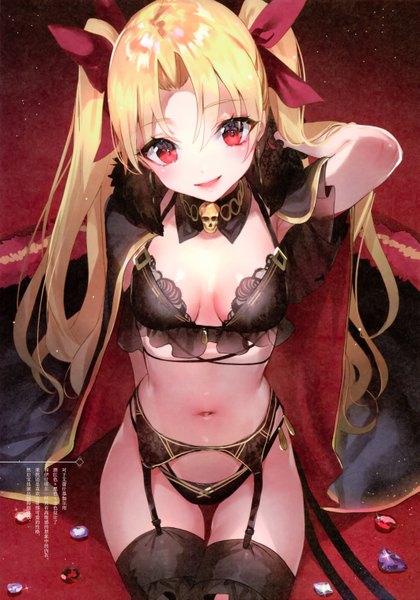 Anime picture 4246x6069 with fate (series) fate/grand order ereshkigal (fate) nekometaru single long hair tall image looking at viewer blush fringe highres open mouth light erotic simple background blonde hair smile hair between eyes red eyes sitting absurdres