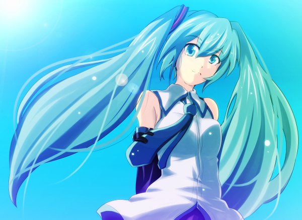 Anime picture 1280x931 with vocaloid hatsune miku simple background twintails aqua eyes aqua hair girl detached sleeves necktie sun
