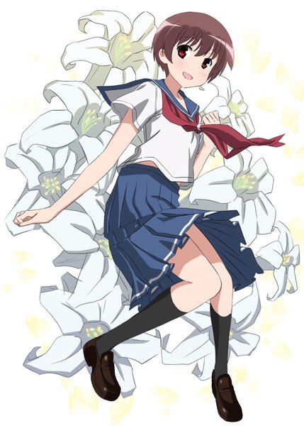 Anime picture 1464x2048 with saki miyanaga saki pink x single tall image looking at viewer fringe short hair open mouth smile red eyes brown hair full body :d pleated skirt short sleeves floral background girl skirt uniform