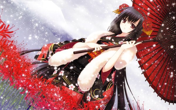 Anime picture 1500x938 with nishimata aoi short hair black hair red eyes wide image traditional clothes japanese clothes hair flower dutch angle snowing winter exhalation girl hair ornament flower (flowers) kimono fur umbrella obi higanbana