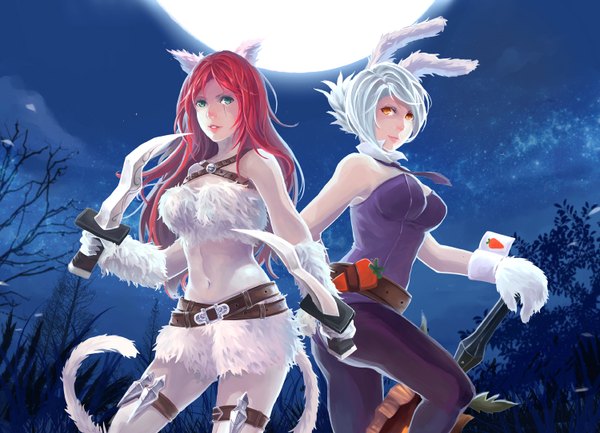Anime picture 1500x1084 with league of legends katarina (league of legends) riven (league of legends) battle bunny riven yupi long hair short hair standing bare shoulders multiple girls green eyes animal ears white hair red hair tail animal tail light smile lips night from below