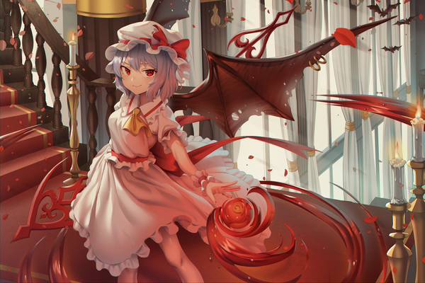 Anime picture 6000x4000 with touhou remilia scarlet goback single looking at viewer blush fringe highres short hair smile hair between eyes red eyes standing absurdres silver hair indoors short sleeves magic frilled dress slit pupils