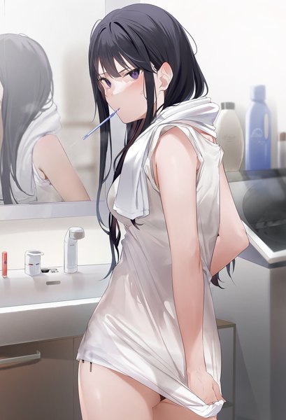 Anime-Bild 2692x3952 mit original xretakex single long hair tall image looking at viewer blush fringe highres light erotic black hair standing purple eyes holding indoors embarrassed mouth hold turning head reflection towel around neck
