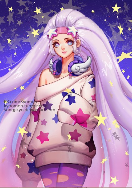 Anime picture 742x1053 with suicide star songjikyo single tall image looking at viewer blue eyes smile standing bare shoulders signed pink hair purple hair long sleeves very long hair parted lips multicolored hair sparkle shadow lipstick gradient background