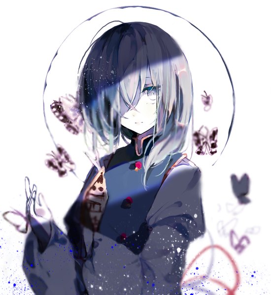 Anime picture 1000x1090 with touhou shikieiki yamaxanadu zhixie jiaobu single tall image looking at viewer fringe short hair white background upper body grey hair hair over one eye grey eyes girl insect butterfly