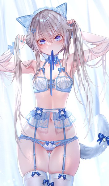 Anime picture 2000x3400 with girls frontline 9a-91 (girls frontline) pottsness single long hair tall image fringe highres breasts blue eyes light erotic hair between eyes standing holding signed animal ears silver hair indoors tail head tilt