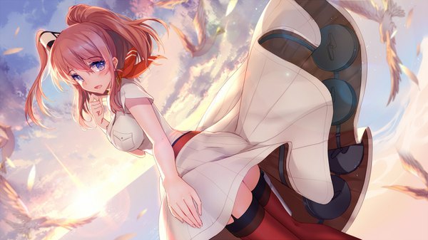 Anime picture 1280x720 with kantai collection saratoga (kantai collection) bison cangshu blush short hair breasts open mouth blue eyes smile wide image large breasts standing payot pink hair sky cloud (clouds) outdoors ponytail looking back wind