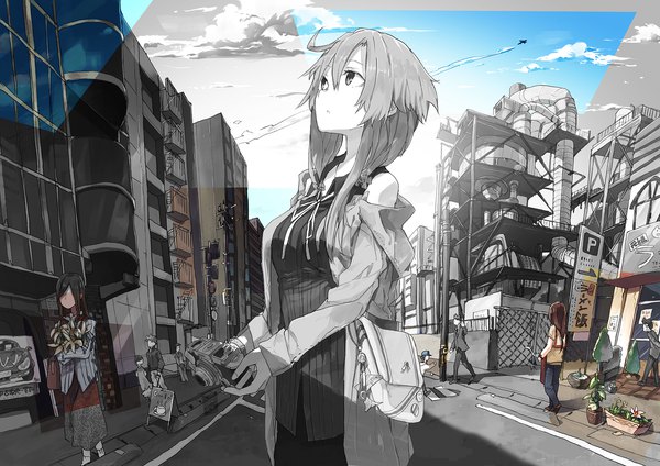 Anime picture 2028x1433 with original hitogome long hair fringe highres hair between eyes multiple girls holding sky cloud (clouds) outdoors long sleeves parted lips off shoulder multiple boys monochrome looking up casual street no face