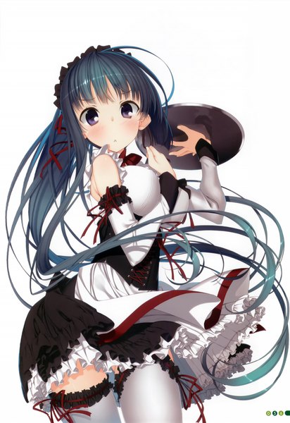 Anime picture 2404x3500 with kagome (traumatize) single long hair tall image looking at viewer blush highres light erotic simple background white background purple eyes blue hair scan maid girl thighhighs dress uniform detached sleeves white thighhighs