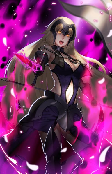 Anime picture 643x1000 with fate (series) fate/grand order fate/apocrypha jeanne d'arc (fate) (all) jeanne d'arc alter (fate) jeanne d'arc alter (avenger) (third ascension) (fate) deras long hair tall image looking at viewer breasts open mouth light erotic blonde hair holding yellow eyes blurry floating hair glowing glowing eye (eyes)