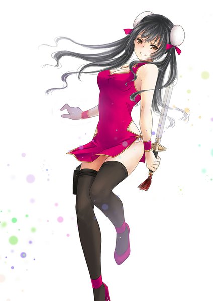 Anime picture 744x1052 with original piw (artist) single long hair tall image looking at viewer light erotic black hair smile twintails bare shoulders brown eyes chinese clothes girl thighhighs weapon black thighhighs sword chinese dress