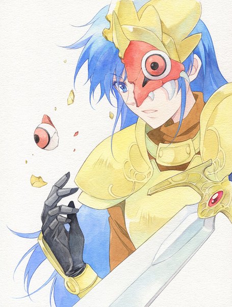 Anime picture 660x871 with next king tagme (character) agahari single long hair tall image blue eyes simple background white background blue hair parted lips looking down traditional media eyes watercolor (medium) girl weapon sword armor mask