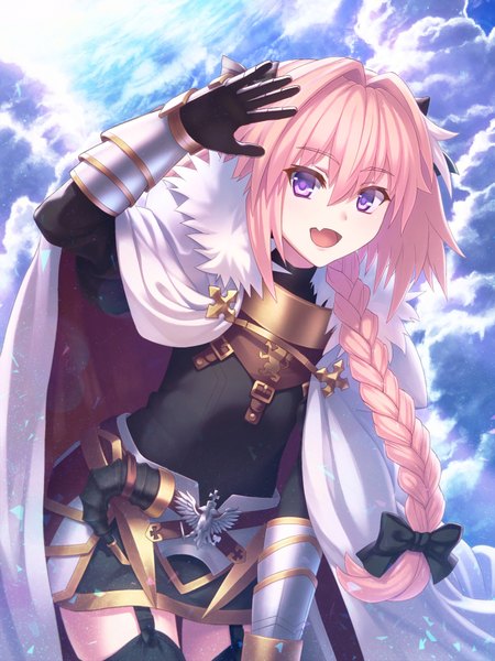 Anime picture 1350x1800 with fate (series) fate/grand order fate/apocrypha astolfo (fate) kaina (tsubasakuronikuru) single long hair tall image looking at viewer fringe open mouth smile hair between eyes purple eyes payot pink hair sky cloud (clouds) braid (braids) horn (horns)