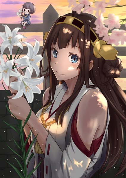 Anime picture 640x905 with kantai collection kongou battleship fairy (kantai collection) usami (ym1989) long hair tall image blush fringe short hair blue eyes smile brown hair sitting bare shoulders multiple girls sky cloud (clouds) long sleeves pleated skirt grey hair