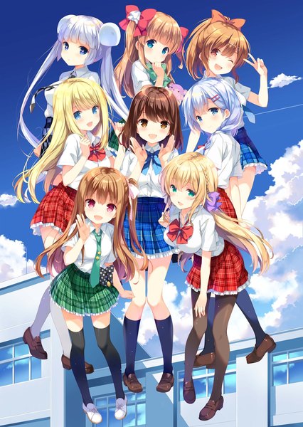 Anime picture 1200x1691 with girlfriend (kari) chloe lemaire murakami fumio shiina kokomi sakura koharu long hair tall image looking at viewer blush short hair open mouth blue eyes blonde hair brown hair twintails multiple girls brown eyes blue hair white hair braid (braids)