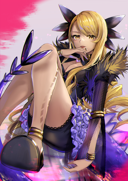 Anime picture 2895x4093 with fate (series) fate/grand order vritra (fate) hane yuki single long hair tall image looking at viewer highres blonde hair sitting yellow eyes cleavage tail bare legs crossed legs piercing drill hair hand to mouth lip piercing