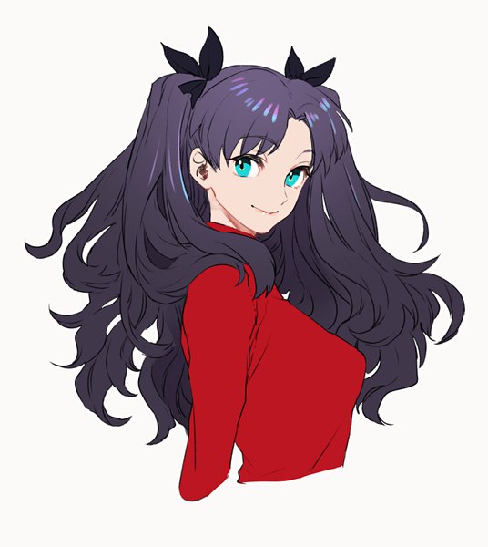 Anime picture 832x931 with fate (series) fate/stay night toosaka rin tenobe single long hair tall image looking at viewer black hair simple background smile white background upper body aqua eyes two side up girl turtleneck