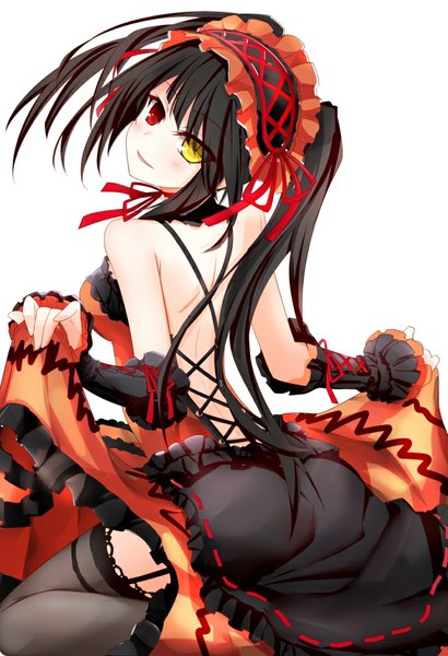 Anime picture 701x1024 with date a live tokisaki kurumi red-eyes macadamiachoco single long hair tall image black hair simple background white background twintails heterochromia uneven twintails girl thighhighs dress black thighhighs detached sleeves frills headdress