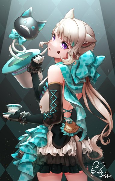 Anime picture 2917x4583 with genshin impact lynette (genshin impact) tane137 single long hair tall image highres blonde hair standing purple eyes signed animal ears tail animal tail looking back from behind cat ears cat girl cat tail facial mark