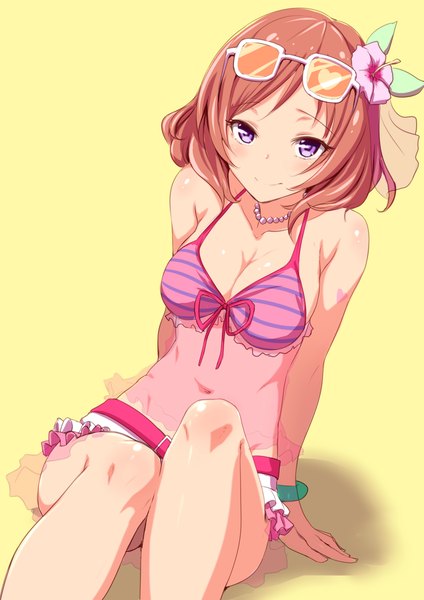 Anime picture 868x1228 with love live! school idol project sunrise (studio) love live! nishikino maki clearite single tall image looking at viewer blush short hair breasts simple background smile sitting purple eyes bare shoulders pink hair hair flower bare legs bare belly