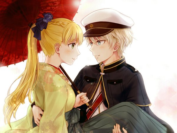 Anime picture 800x600 with aldnoah.zero a-1 pictures slaine troyard asseylum vers allusia xsinon long hair blush fringe short hair blue eyes simple background blonde hair smile hair between eyes white background holding green eyes ponytail braid (braids) traditional clothes