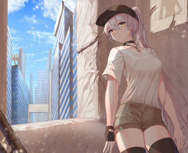 Anime picture 2250x1832 with honkai impact 3rd benghuai xueyuan honkai (series) kiana kaslana tmtl aos single long hair looking at viewer fringe highres breasts hair between eyes standing yellow eyes sky silver hair cloud (clouds) ponytail short sleeves alternate costume