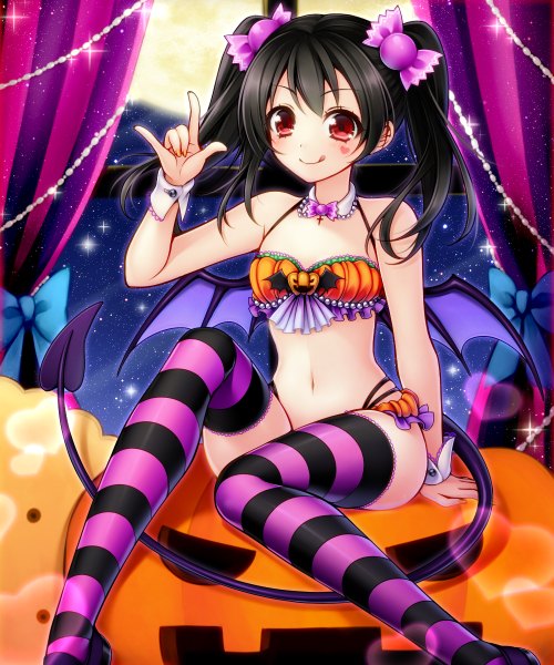 Anime picture 1000x1200 with love live! school idol project sunrise (studio) love live! yazawa nico uzu hi single long hair tall image looking at viewer blush light erotic black hair smile red eyes twintails halloween :p mmm girl thighhighs