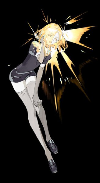 Anime-Bild 500x913 mit houseki no kuni yellow diamond (houseki no kuni) star shadow magician single tall image looking at viewer fringe short hair simple background blonde hair yellow eyes full body hair over one eye puffy sleeves black background hand on knee androgynous thighhighs gloves elbow gloves