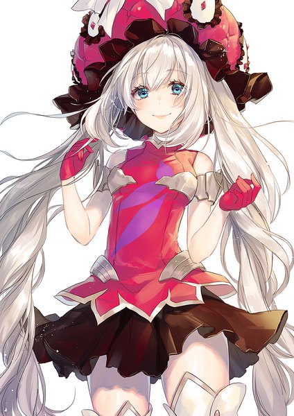 Anime picture 1273x1800 with fate (series) fate/grand order marie antoinette (fate/grand order) sudach koppe single tall image blush blue eyes simple background smile white background twintails bare shoulders payot silver hair very long hair girl skirt gloves hat