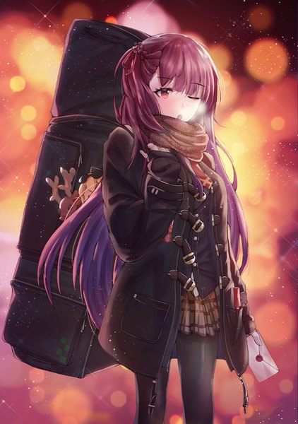 Anime picture 1273x1810 with girls frontline wa2000 (girls frontline) necoring862 single long hair tall image blush fringe open mouth red eyes standing holding purple hair blunt bangs one eye closed open clothes sparkle one side up lens flare plaid skirt