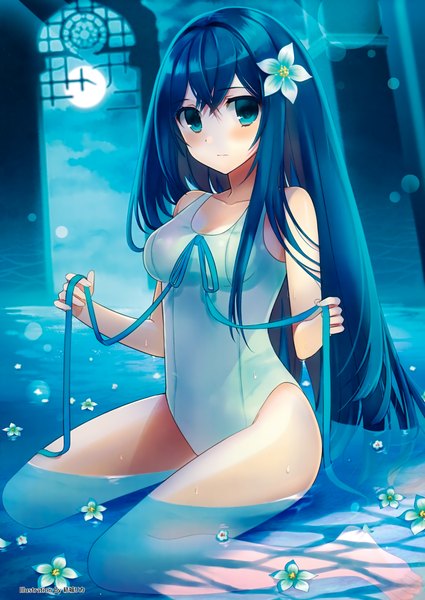 Anime picture 2482x3500 with original yuuki rika single long hair tall image looking at viewer blush highres blue eyes light erotic bare shoulders blue hair hair flower girl hair ornament flower (flowers) swimsuit water moon