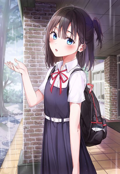 Anime picture 623x900 with original rangu single tall image looking at viewer blush fringe short hair open mouth blue eyes hair between eyes brown hair standing arm up short sleeves one side up rain brick wall girl uniform