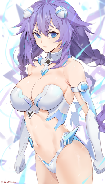 Anime picture 1103x1920 with choujigen game neptune purple heart sendrawz single long hair tall image looking at viewer fringe breasts blue eyes light erotic simple background hair between eyes large breasts standing white background bare shoulders signed payot cleavage