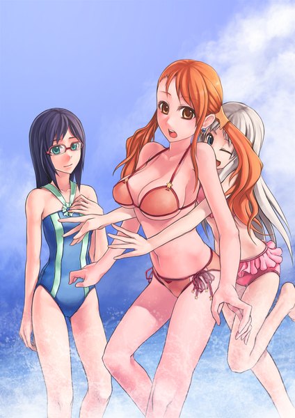 Anime picture 1240x1754 with ano hi mita hana no namae wo bokutachi wa mada shiranai a-1 pictures honma meiko anjou naruko tsurumi chiriko rotix long hair tall image open mouth blue eyes light erotic black hair twintails multiple girls green eyes white hair one eye closed wink orange hair orange eyes