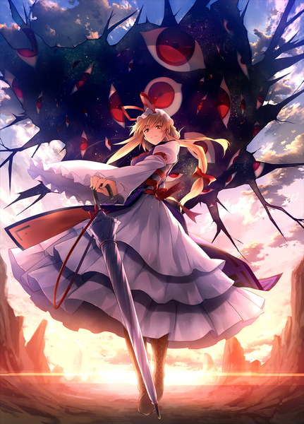 Anime picture 777x1082 with touhou yakumo yukari eho (icbm) single long hair tall image blonde hair yellow eyes cloud (clouds) closed umbrella eyes girl dress bow hair bow umbrella bonnet