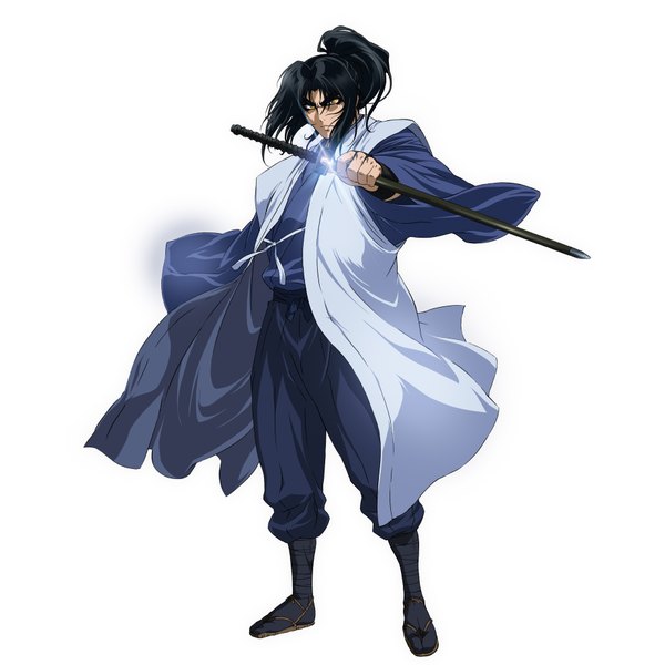 Anime picture 3700x3700 with basilisk kouga gennosuke single long hair highres black hair simple background white background yellow eyes absurdres traditional clothes japanese clothes boy weapon sword katana