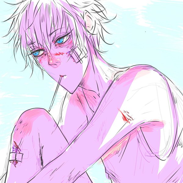Anime picture 1000x1000 with tagme (copyright) tagme (artist) single fringe short hair blue eyes simple background hair between eyes bare shoulders holding looking away bent knee (knees) white hair mouth hold blue background messy hair bandaid on face boy blood bandaid