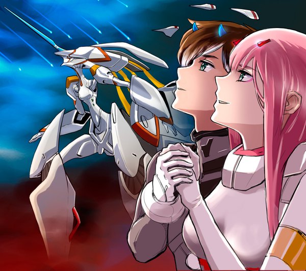 Anime picture 1400x1242 with darling in the franxx studio trigger zero two (darling in the franxx) hiro (darling in the franxx) strelizia strelizia apus albyee long hair fringe short hair breasts smile hair between eyes brown hair standing green eyes payot pink hair upper body horn (horns)