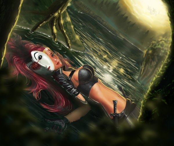 Anime picture 2952x2480 with league of legends katarina (league of legends) single long hair highres breasts light erotic green eyes cleavage red hair light smile lips sunlight mask on head girl gloves navel weapon plant (plants) tree (trees)