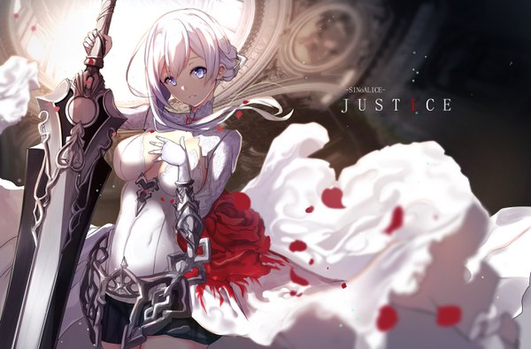 Anime picture 2844x1871 with sinoalice snow white (sinoalice) untue single long hair looking at viewer fringe highres breasts blue eyes light erotic holding white hair parted lips head tilt wind blurry shadow depth of field hand on chest