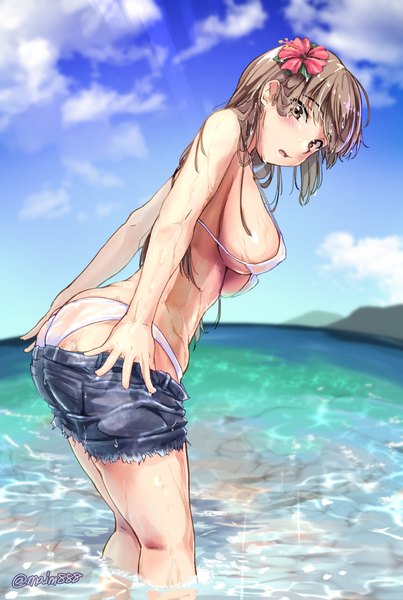 Anime picture 1037x1543 with original maimu (gol-em-1226) single long hair tall image looking at viewer blush fringe breasts open mouth light erotic brown hair large breasts standing brown eyes signed sky cloud (clouds) outdoors ass