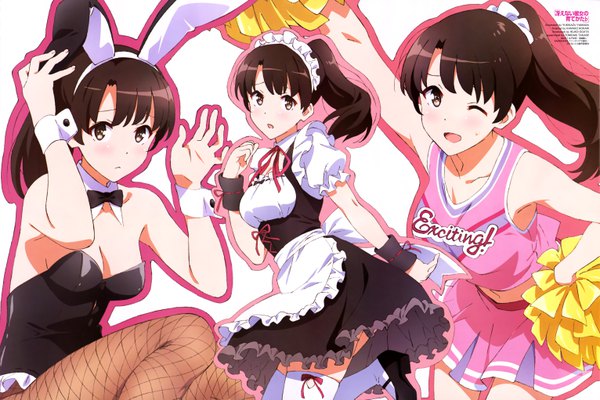 Anime picture 6125x4084 with saenai heroine no sodatekata a-1 pictures katou megumi long hair looking at viewer blush fringe highres open mouth light erotic simple background brown hair white background multiple girls brown eyes animal ears absurdres bent knee (knees) ponytail pleated skirt