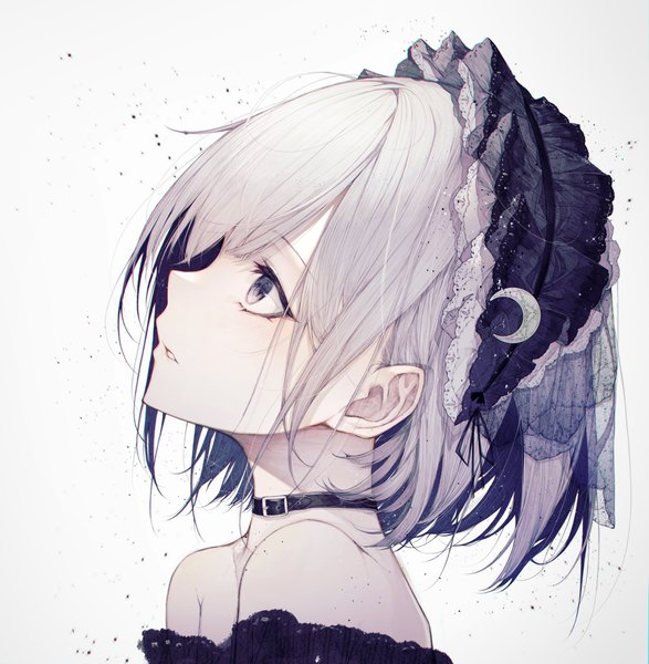 Anime picture 4006x4096 with original hito komoru single tall image fringe highres short hair simple background purple eyes bare shoulders absurdres silver hair upper body parted lips profile grey background portrait looking up pale skin girl