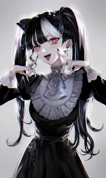 Anime picture 2070x3475 with original yumeno yume single long hair tall image looking at viewer blush fringe highres breasts open mouth black hair simple background standing twintails white hair blunt bangs long sleeves nail polish head tilt